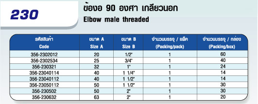 230 ข้องอ 90 องศา เกลียวนอก